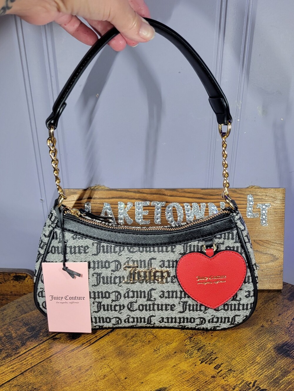 Juicy Couture Black Script Shoulder Bag with Red Heart Charm
